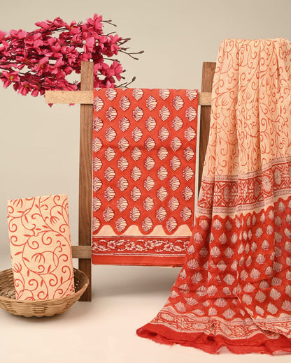 orange butti handblock printed cotton dress material with chiffon dupatta wholesale India low MOQ boutique supplier Fabtexs