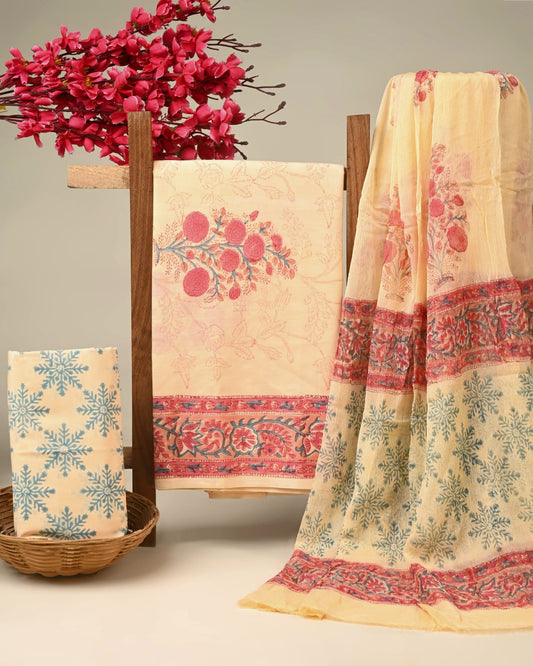 orange butti handblock printed cotton dress material with chiffon dupatta wholesale India low MOQ boutique supplier Fabtexs26