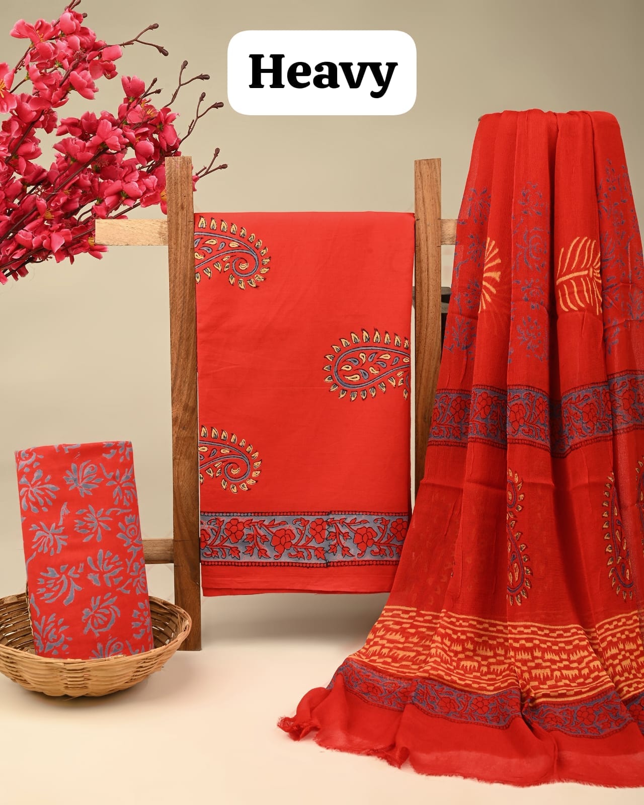 Orange paisley butta cotton dress material with chiffon dupatta wholesale, handblock printed cotton fabric set for B2B buyers by Fabtexs