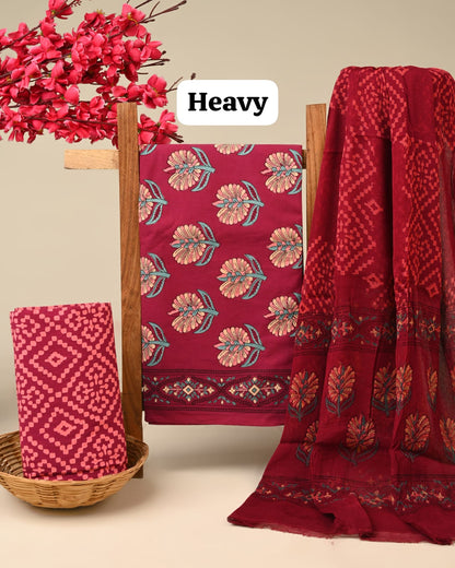 Orange paisley butta cotton dress material with chiffon dupatta wholesale, handblock printed cotton fabric set for B2B buyers by Fabtexs26