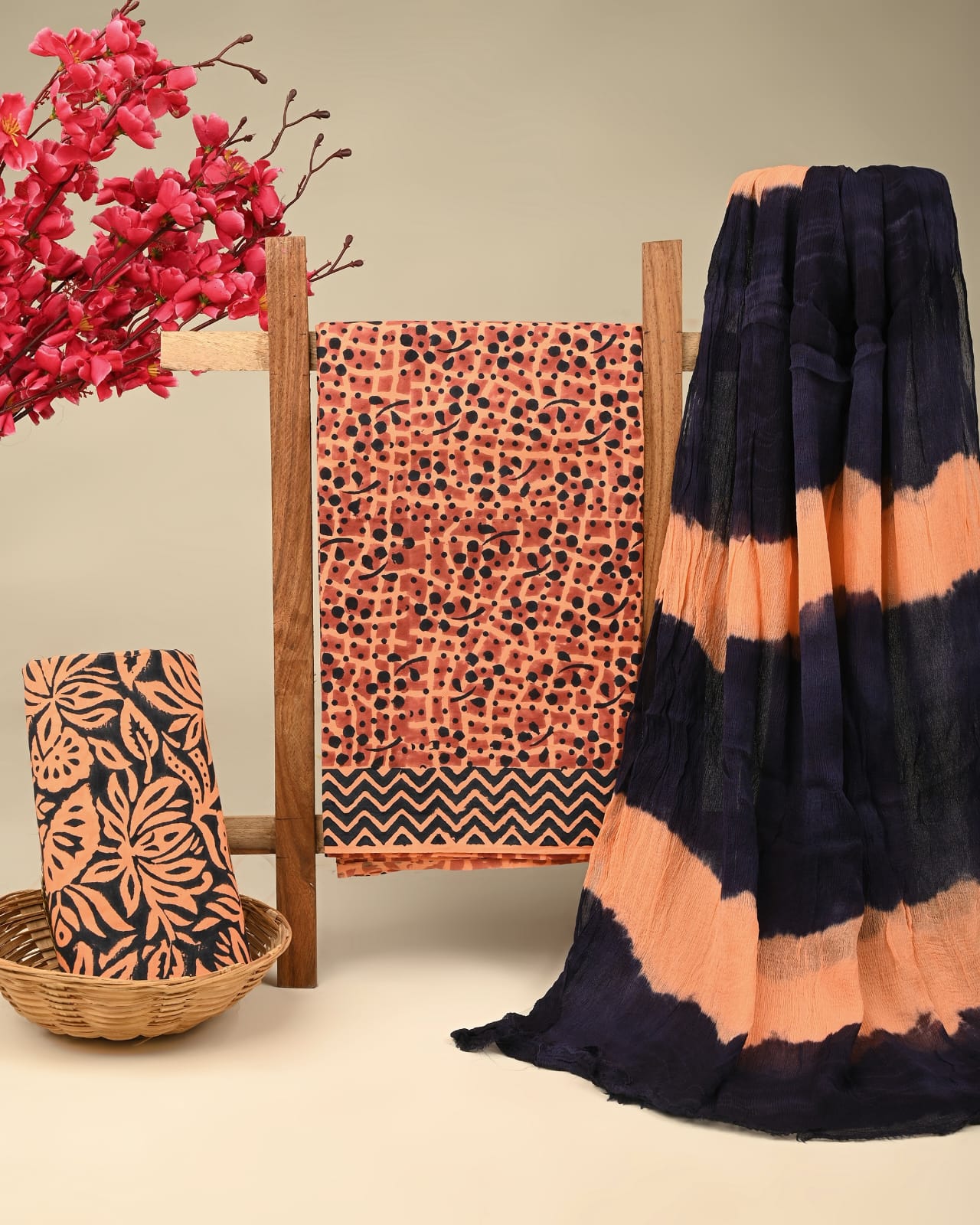 Peach black pure cotton dress material with chiffon dupatta wholesale, handblock printed cotton suit set by Fabtexs