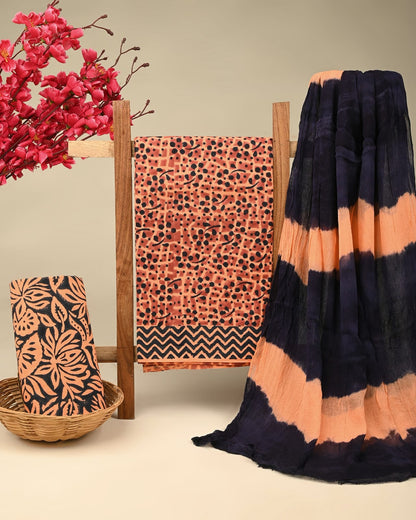 peach black shibori handblock printed cotton dress material with chiffon dupatta wholesale India supplier for bulk buyers Fabtexs