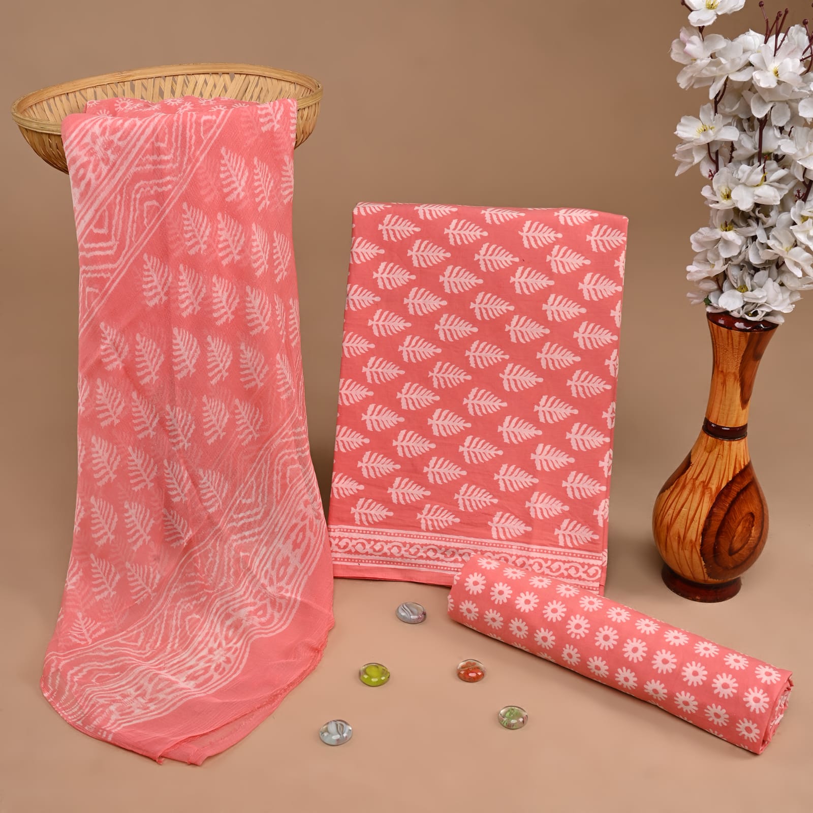 peach butti handblock printed cotton dress material with chiffon dupatta wholesale India fabric for boutique brands Fabtexs