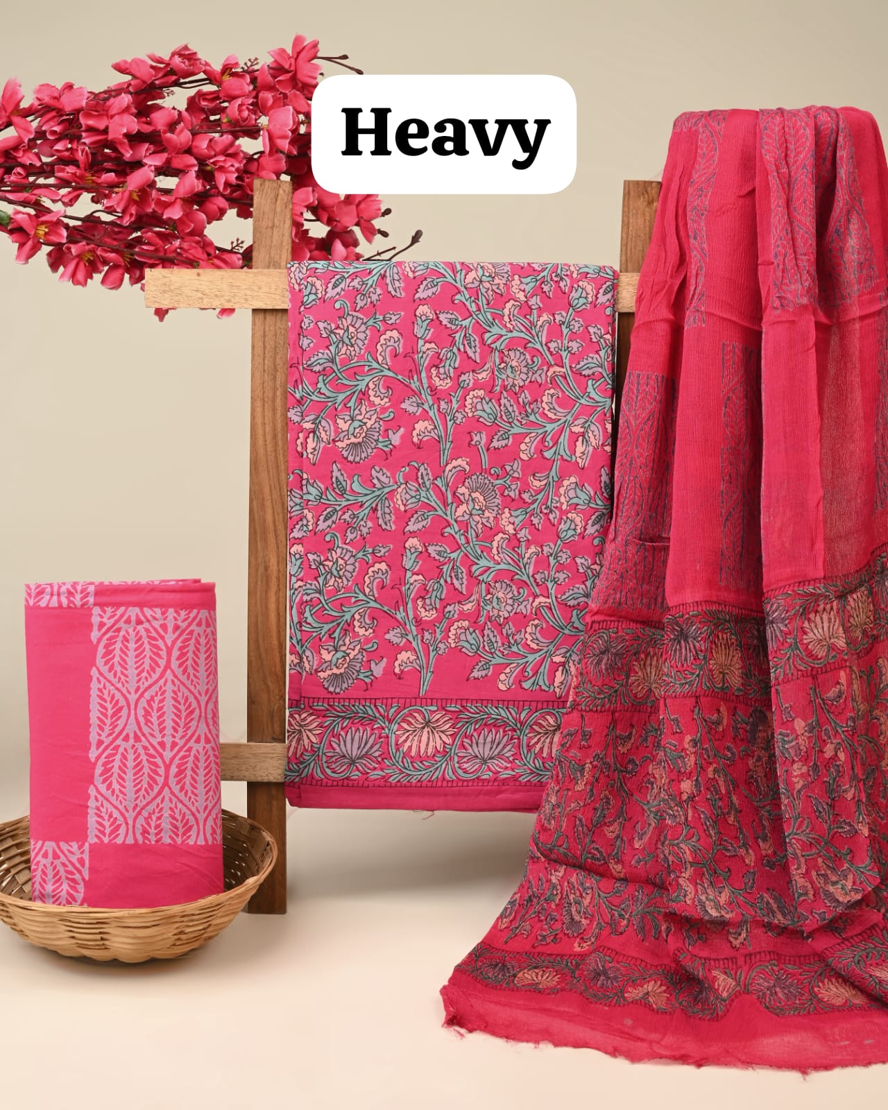 pink blue jaal handblock printed cotton dress material with chiffon dupatta wholesale India fabric for boutiques designers Fabtexs