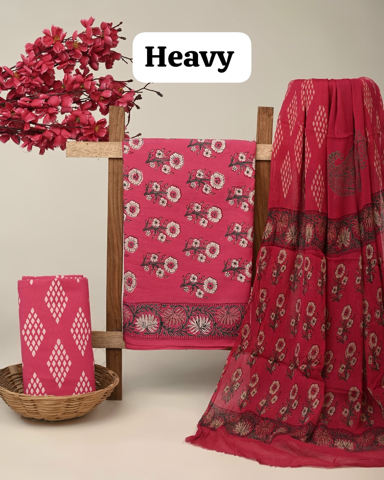Pink butta cotton dress material with chiffon dupatta wholesale, artisan handblock printed cotton fabric set by Fabtexs