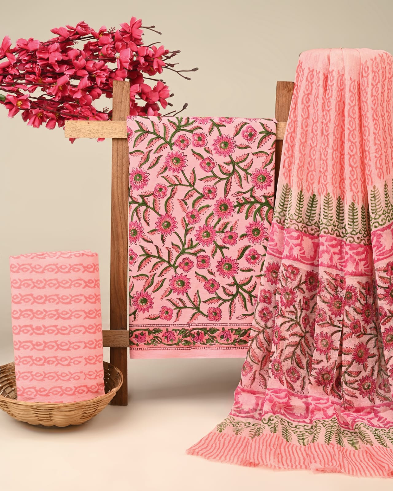 pink jaal handblock printed cotton dress material with chiffon dupatta wholesale India supplier for boutiques designers Fabtexs
