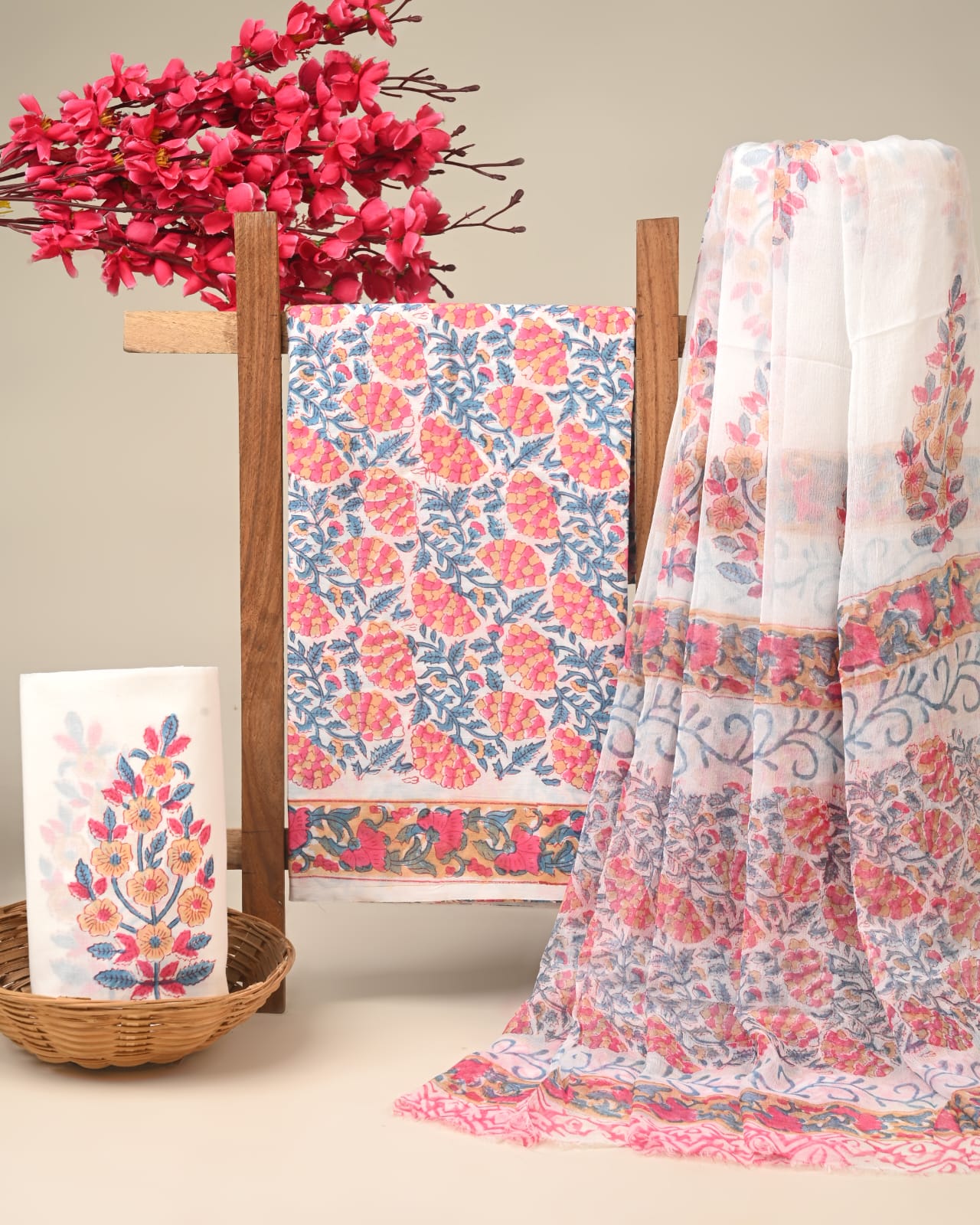 pink maroon butta handblock printed cotton dress material with chiffon dupatta wholesale India fabric for boutique brands Fabtexs26