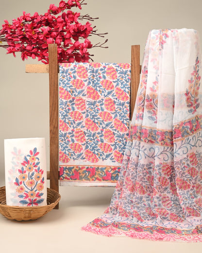 pink maroon butta handblock printed cotton dress material with chiffon dupatta wholesale India fabric for boutique brands Fabtexs26