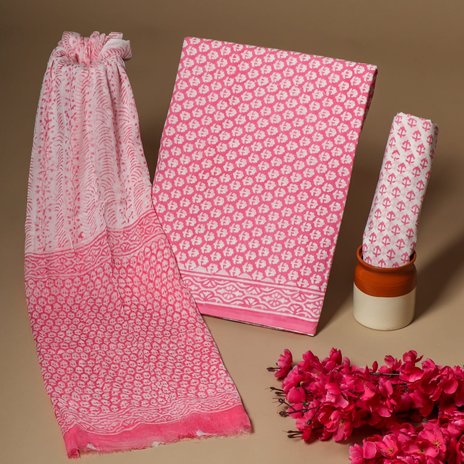Pink white butti pure cotton dress material with chiffon dupatta wholesale, handblock printed cotton suit set by Fabtexs