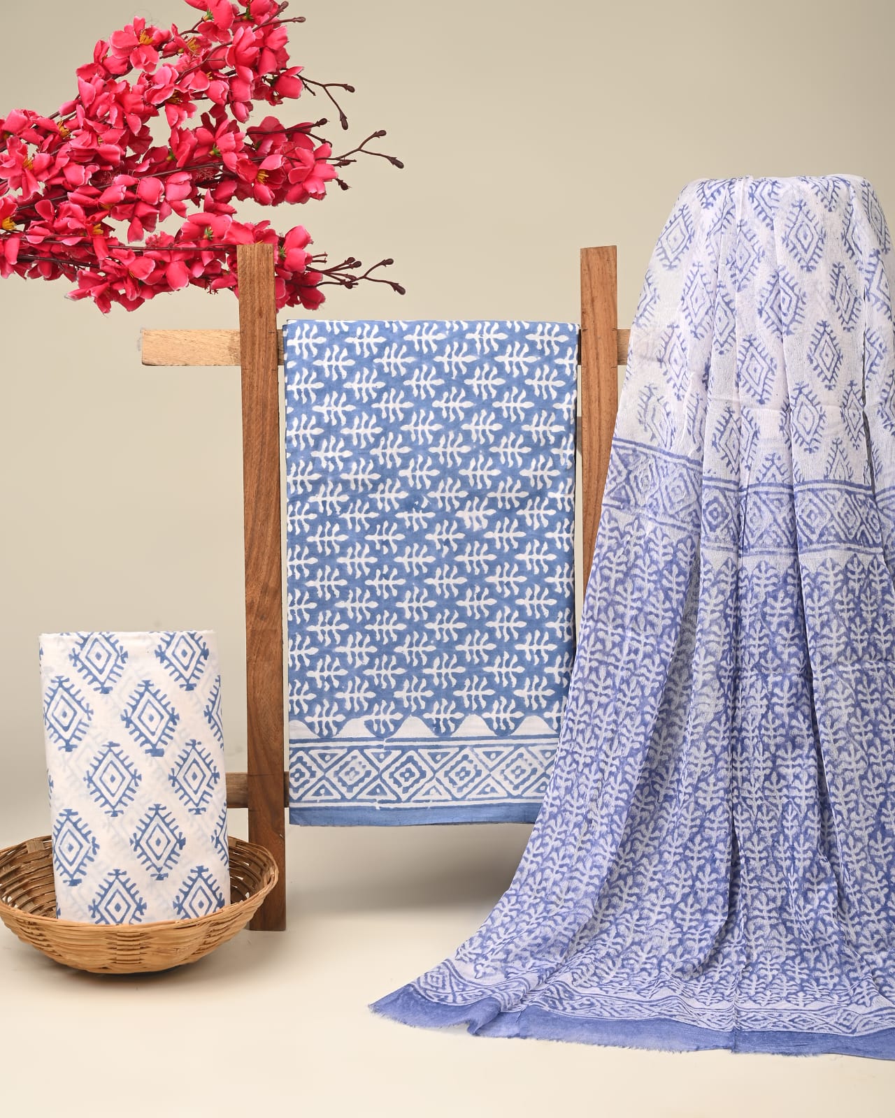 powder blue small butti handblock printed cotton dress material with chiffon dupatta wholesale India cotton fabric sourcing Fabtexs
