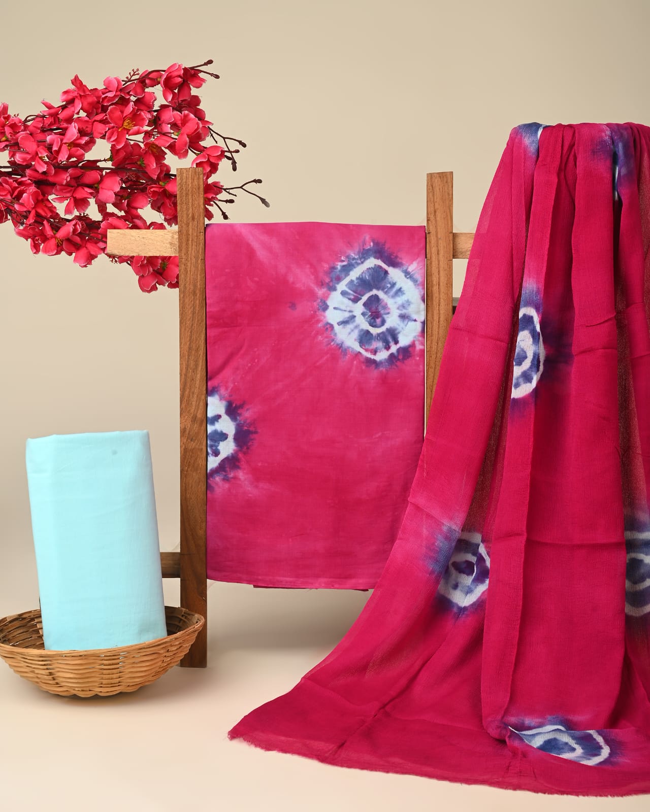 Purple pink batik pure cotton dress material with chiffon dupatta wholesale, artisan dyed cotton suit set by Fabtexs