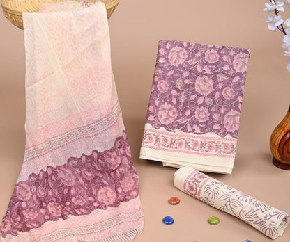 Purple pink pure cotton dress material with chiffon dupatta wholesale, handblock printed cotton suit set by Fabtexs