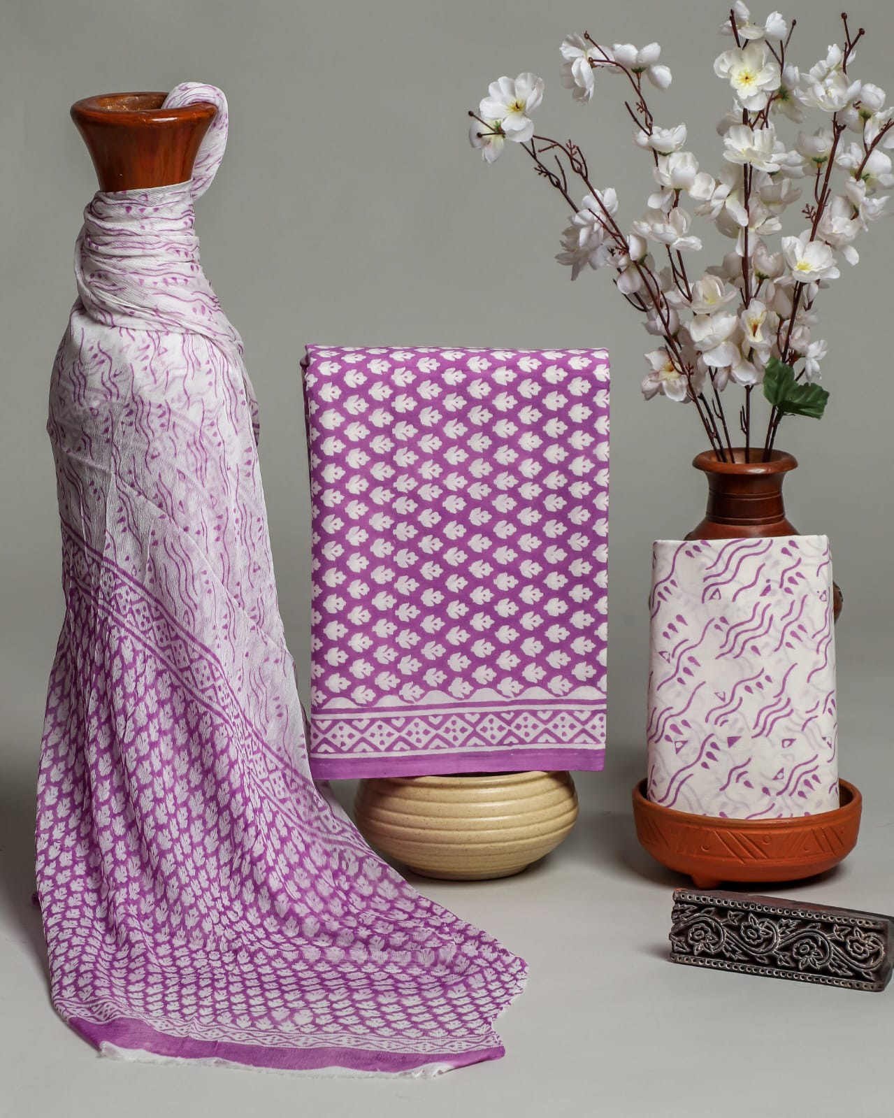 Purple white butti pure cotton dress material with chiffon dupatta wholesale, handblock printed cotton suit set by Fabtexs