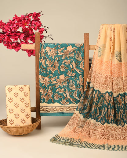 Rama green pure cotton dress material with chiffon dupatta wholesale, handblock printed cotton suit set by Fabtexs