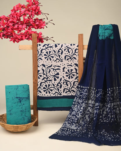ram green blue shibori handblock printed cotton dress material with chiffon dupatta wholesale India boutique fabric sourcing Fabtexs
