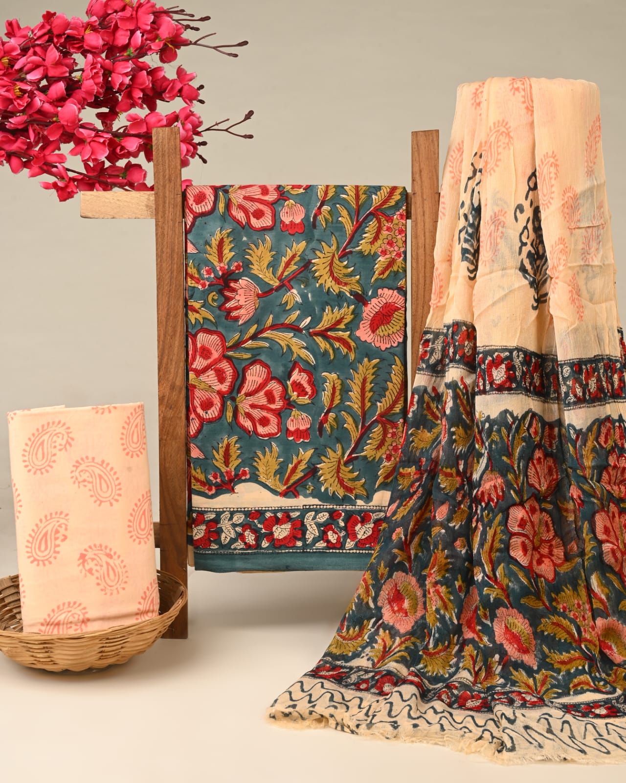 red butti handblock printed cotton dress material with chiffon dupatta wholesale India cotton fabric supplier Fabtexs26