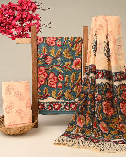 red butti handblock printed cotton dress material with chiffon dupatta wholesale India cotton fabric supplier Fabtexs26