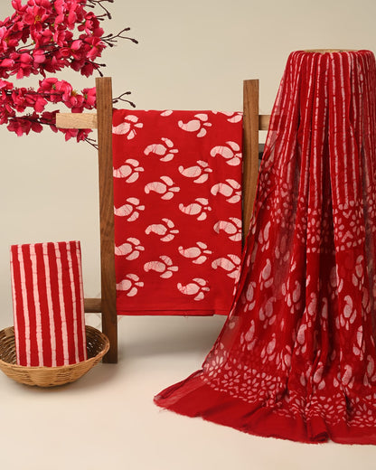 red paisley butta handblock printed cotton dress material with chiffon dupatta wholesale India supplier for designers Fabtexs