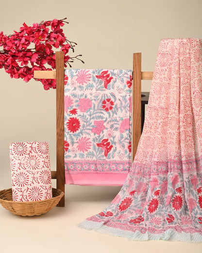 Red pink pure cotton dress material with chiffon dupatta wholesale, handblock printed cotton suit set by Fabtexs