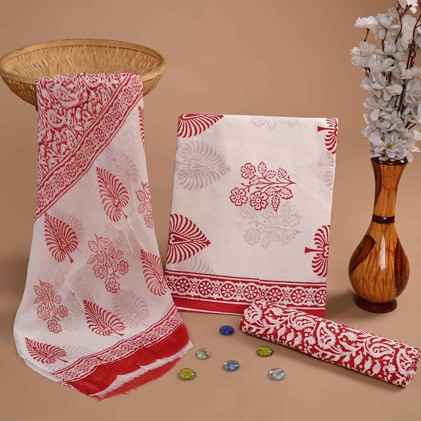 Red white butta pure cotton dress material with chiffon dupatta wholesale, handblock printed cotton suit set by Fabtexs
