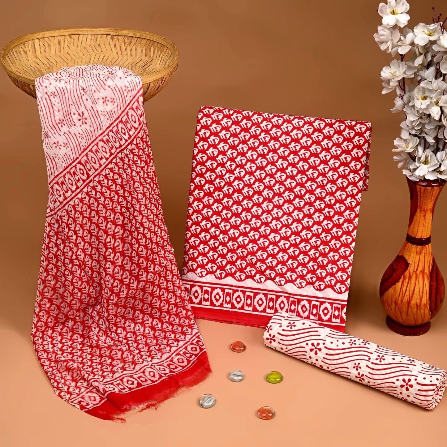 Red white pure cotton dress material with chiffon dupatta wholesale, handblock printed cotton suit set by Fabtexs
