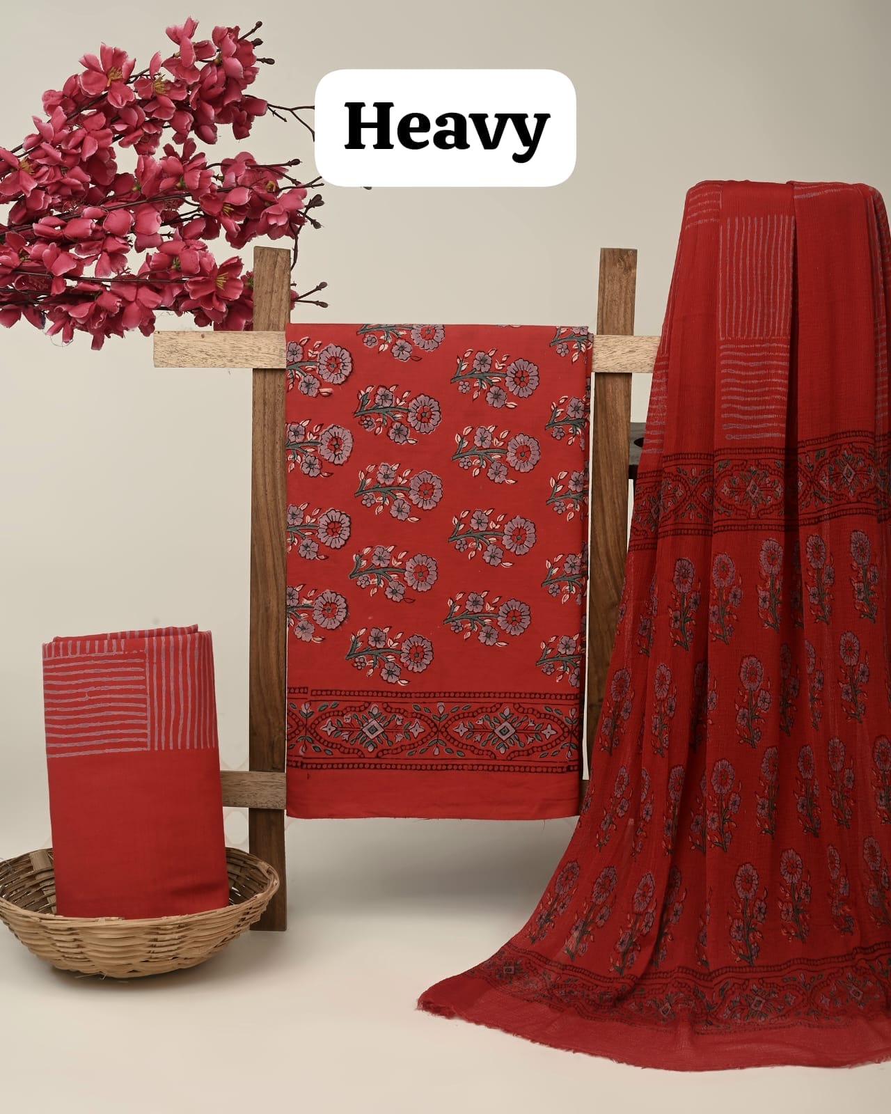 Rust butta jaal cotton dress material with chiffon dupatta wholesale, artisan handblock printed cotton suit material by Fabtexs