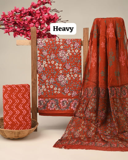 Rust butta jaal cotton dress material with chiffon dupatta wholesale, artisan handblock printed cotton suit material by Fabtexs26