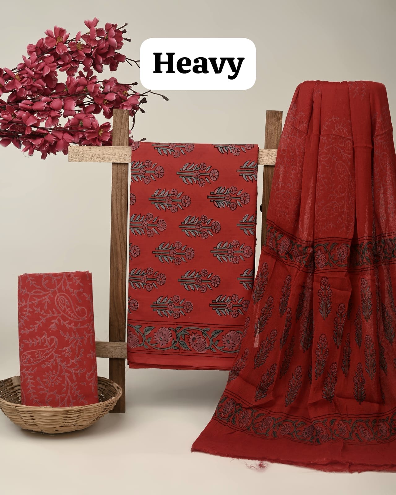 Rust butti jaal cotton dress material with chiffon dupatta wholesale, artisan handblock printed cotton suit material by Fabtexs