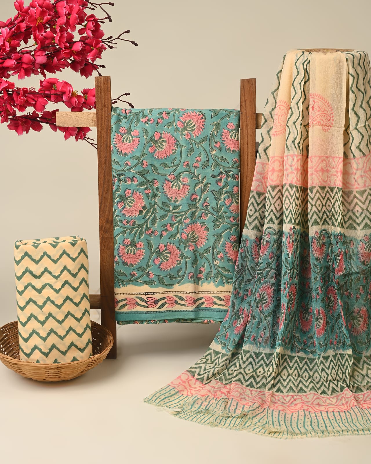 Sea green pure cotton dress material with chiffon dupatta wholesale, handblock printed cotton suit set by Fabtexs