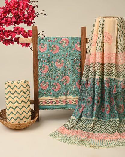 Sea green pure cotton dress material with chiffon dupatta wholesale, handblock printed cotton suit set by Fabtexs