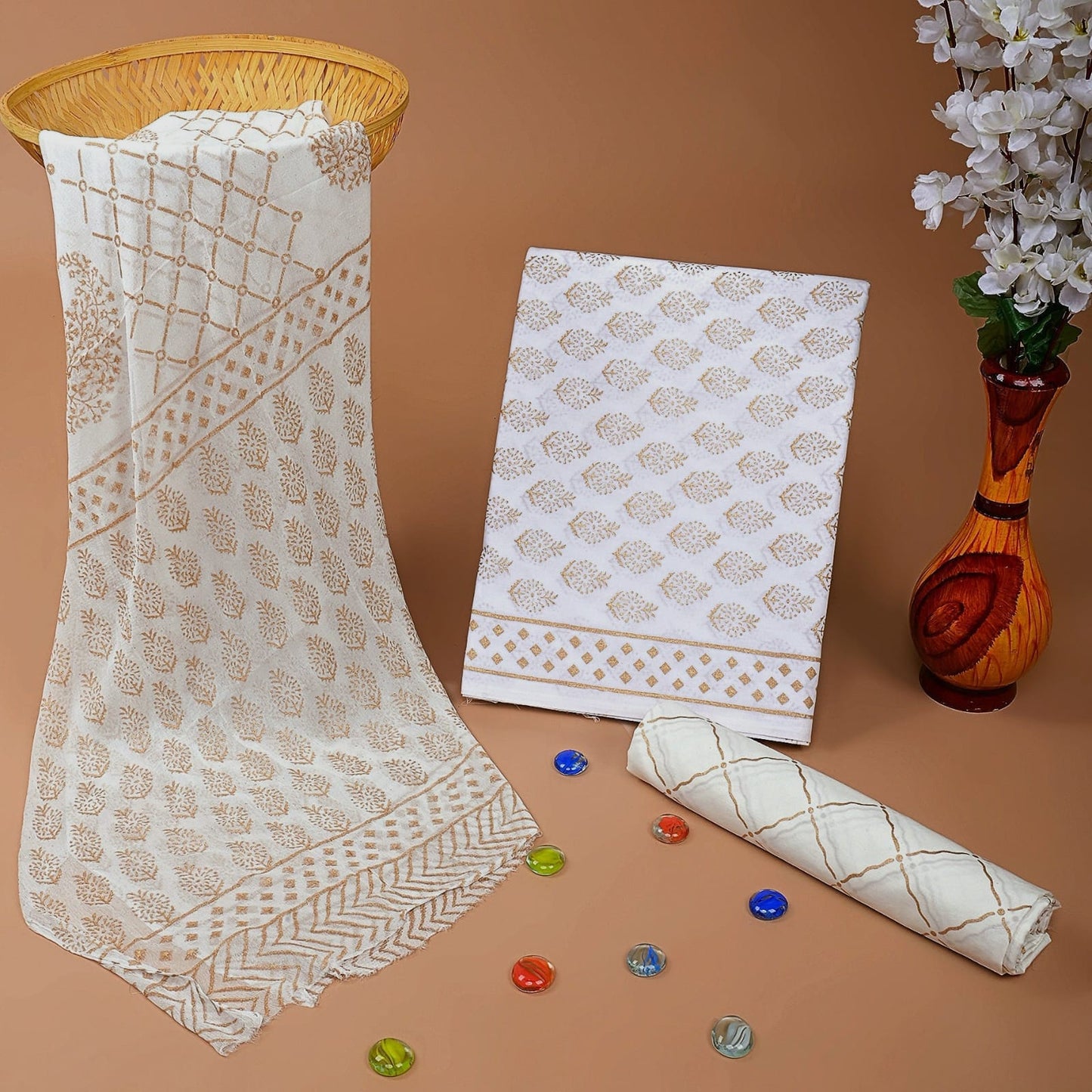 White gold pure cotton dress material with chiffon dupatta wholesale, handblock printed cotton suit set by Fabtexs