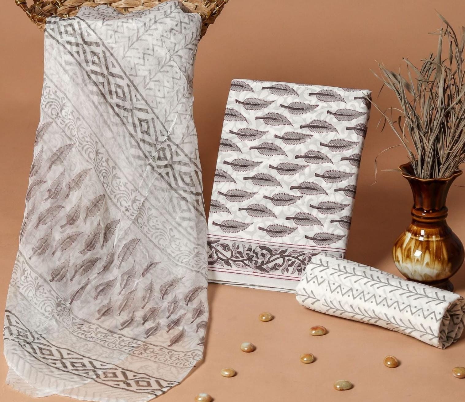 white gold leaf butti handblock printed cotton dress material with chiffon dupatta wholesale India boutique fabric sourcing Fabtexs