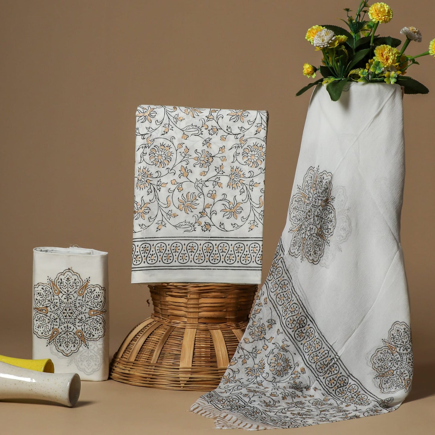 White grey pure cotton dress material with chiffon dupatta wholesale, handblock printed cotton suit set by Fabtexs