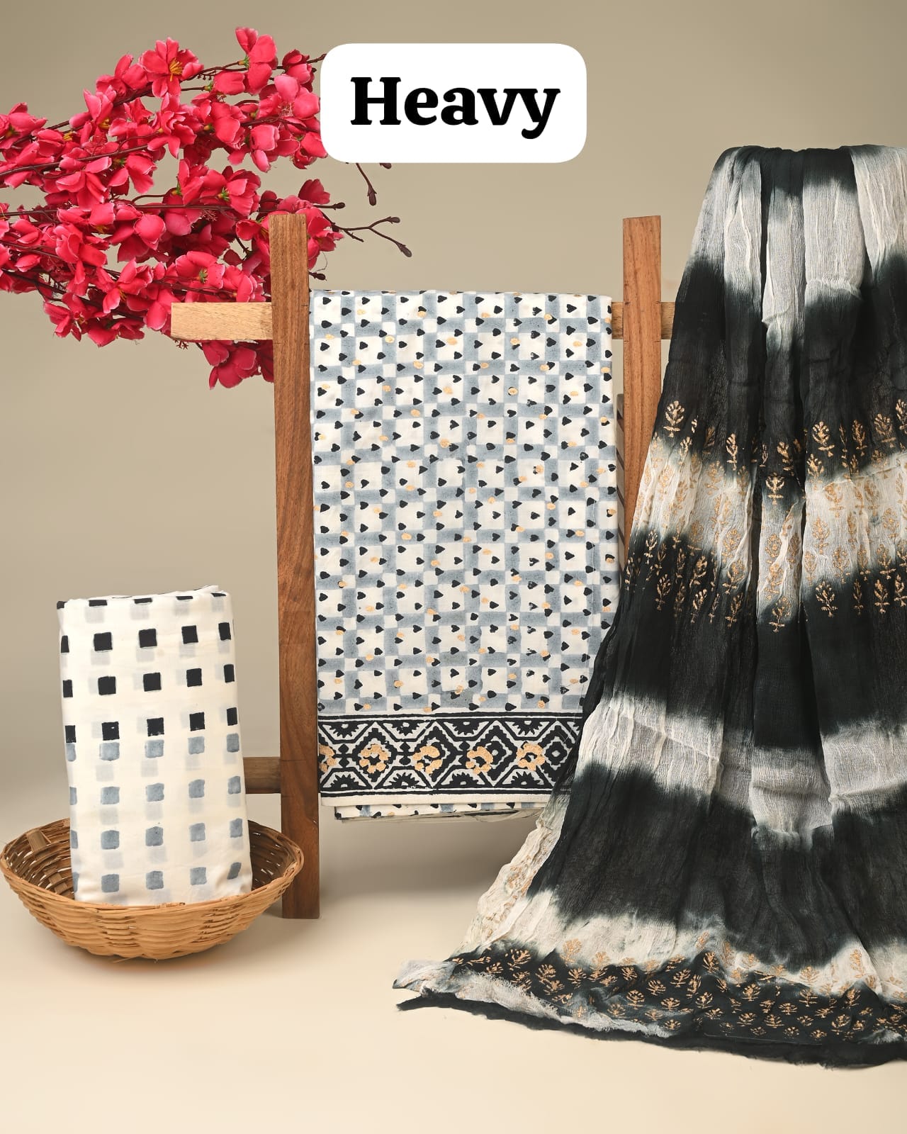White grey shibori cotton dress material with chiffon dupatta wholesale, handblock printed cotton suit material for retailers by Fabtexs