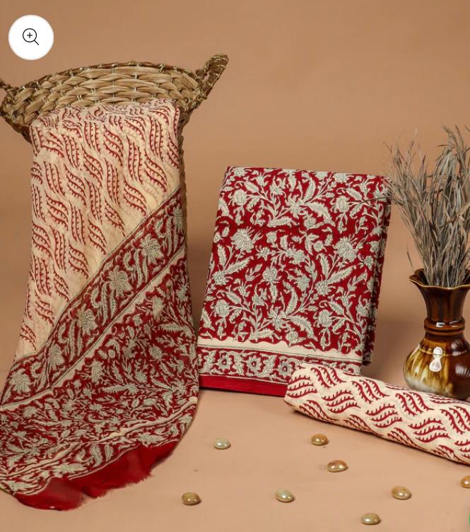 White maroon pure cotton dress material with chiffon dupatta wholesale, handblock printed cotton suit set by Fabtexs