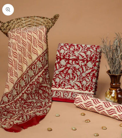 White maroon pure cotton dress material with chiffon dupatta wholesale, handblock printed cotton suit set by Fabtexs
