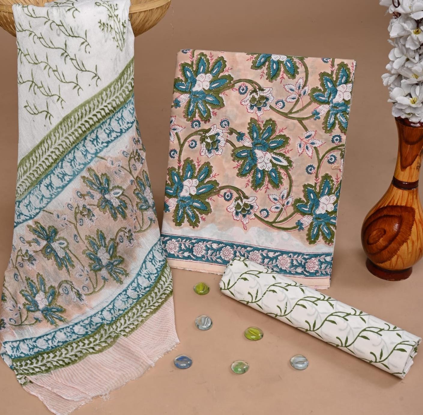 White peach pure cotton dress material with chiffon dupatta wholesale, handblock printed cotton suit set by Fabtexs