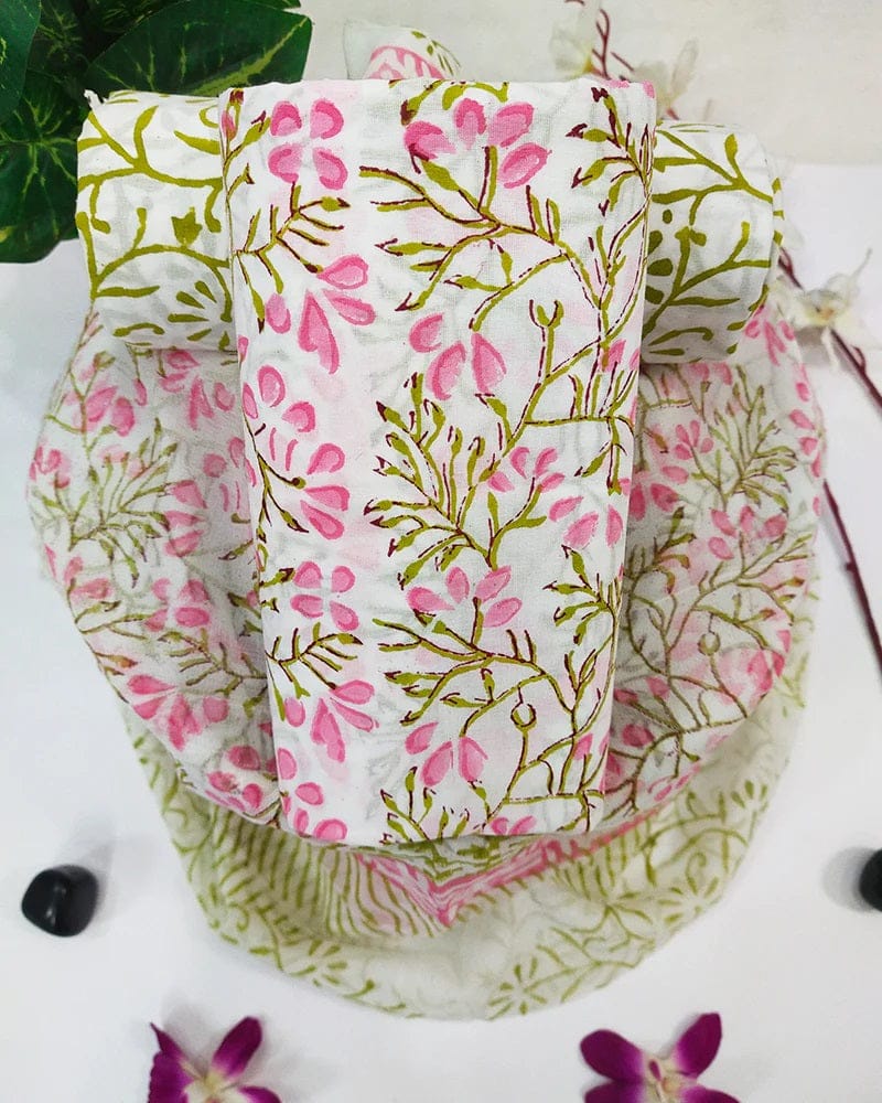 white pink floral jaal handblock printed cotton dress material with chiffon dupatta wholesale India cotton fabric sourcing Fabtexs