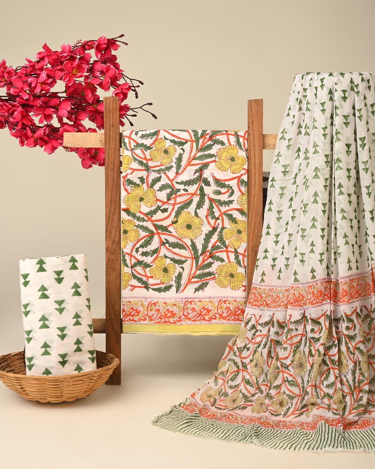 White yellow pure cotton dress material with chiffon dupatta wholesale, handblock printed cotton suit set by Fabtexs