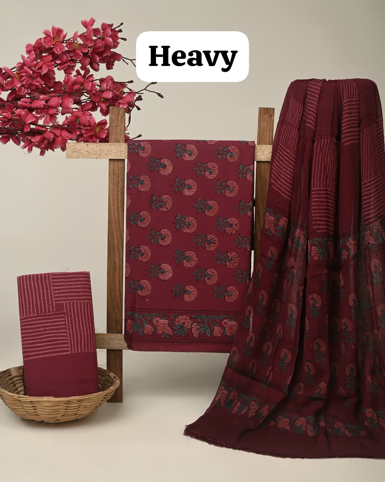 Wine butti cotton dress material with chiffon dupatta wholesale, handblock printed cotton fabric set for B2B buyers by Fabtexs