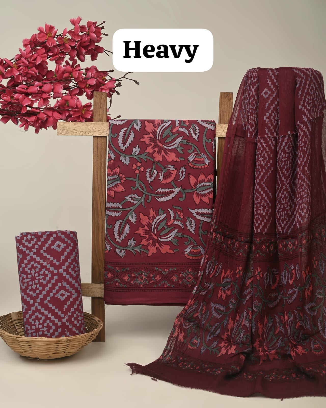 Wine jaal cotton dress material with chiffon dupatta wholesale, handblock printed cotton dress material for retailers by Fabtexs