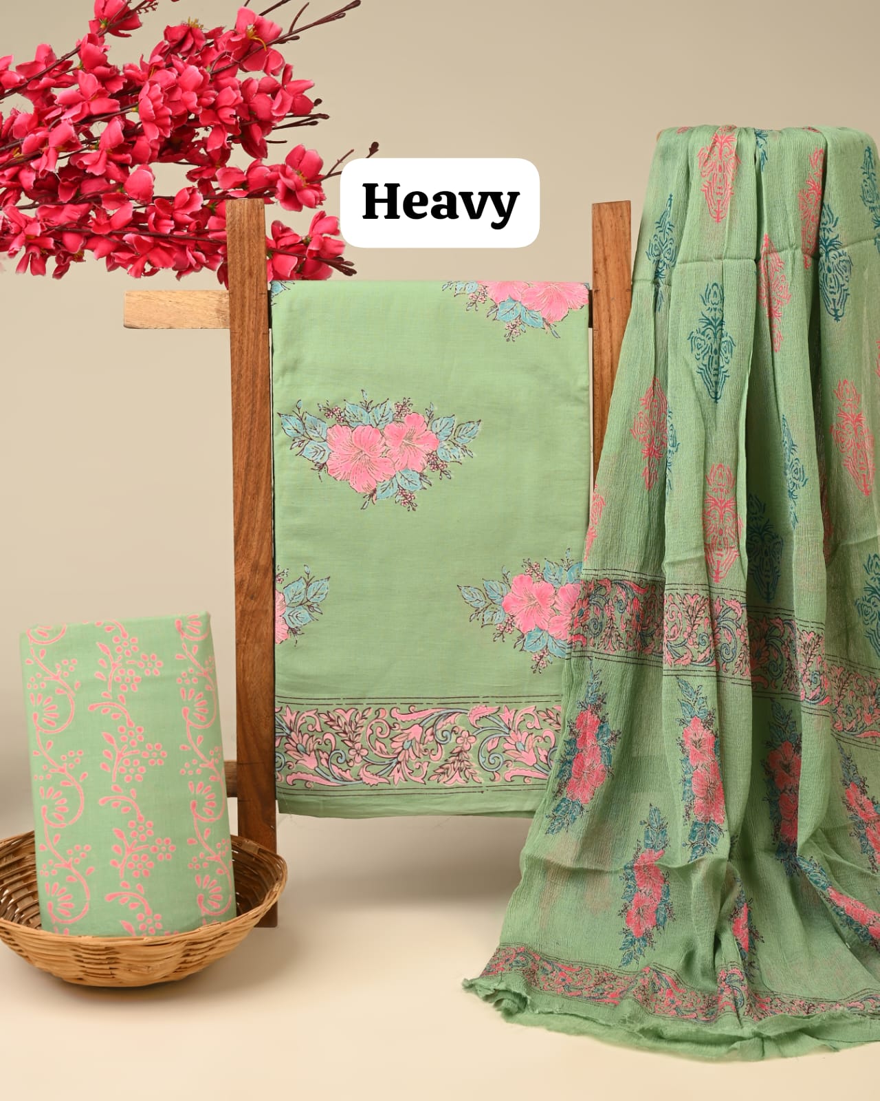 Yellow butta jaal cotton dress material with chiffon dupatta wholesale, artisan handblock printed cotton dress material by Fabtexs26