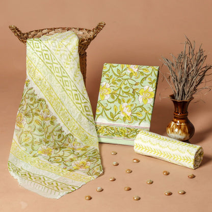 Yellow green pure cotton dress material with chiffon dupatta wholesale, handblock printed cotton suit set by Fabtexs