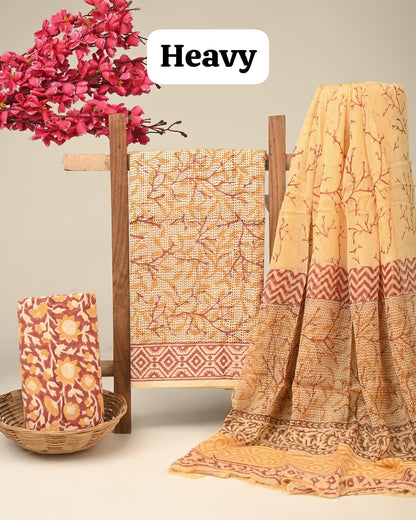 Yellow jaal cotton dress material with chiffon dupatta wholesale, artisan handblock printed cotton dress material by Fabtexs