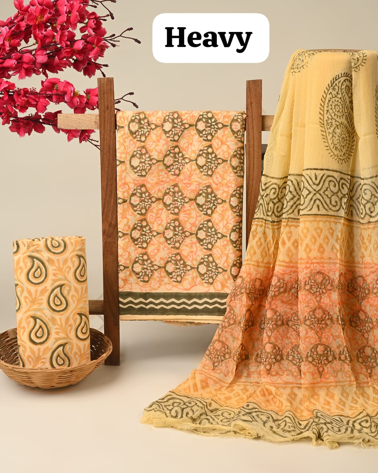 Yellow jaal paisley cotton dress material with chiffon dupatta wholesale, artisan handblock printed cotton dress material by Fabtexs