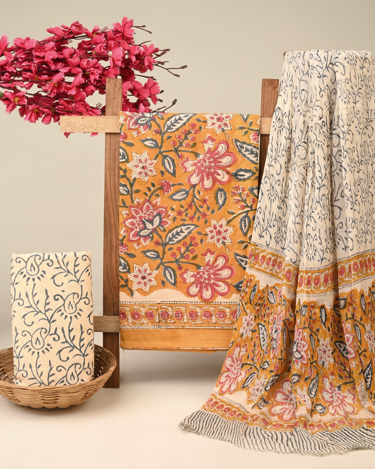 yellow mango jaali handblock printed cotton dress material with chiffon dupatta wholesale India supplier for bulk buyers Fabtexs