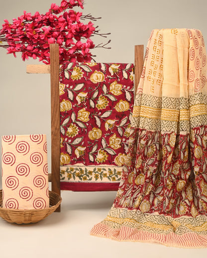 yellow mango jaali handblock printed cotton dress material with chiffon dupatta wholesale India supplier for bulk buyers Fabtexs26