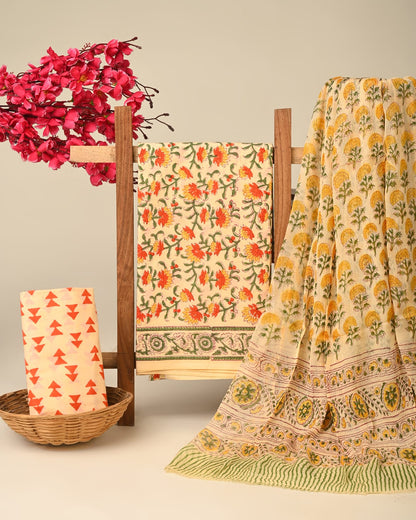 Yellow orange jaal pure cotton dress material with chiffon dupatta wholesale, handblock printed cotton suit set by Fabtexs