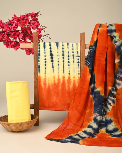 yellow orange shibori handblock printed cotton dress material with chiffon dupatta wholesale India boutique sourcing Fabtexs