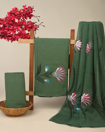 green hand painted cotton dress material with chiffon dupatta wholesale India artisan fabric supplier for boutiques Fabtexs